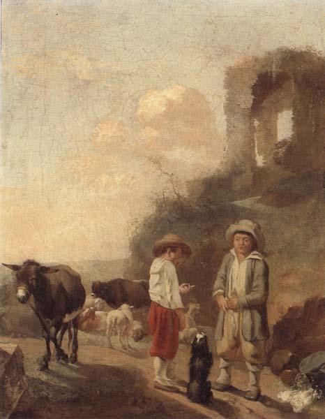unknow artist A landscape with young boys tending their animals before a set of ruins China oil painting art